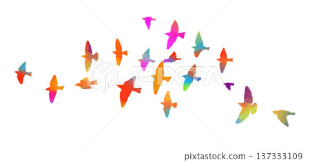 Flying birds colored silhouette flock. hand drawing. Not AI. Vector illustration Flying birds colored silhouette flock. hand drawing. Not AI. Vector illustration 137333109