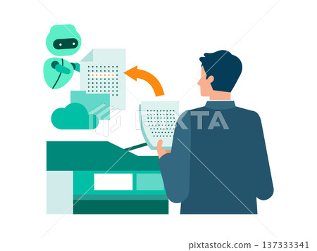 A man scans paper documents and automatically sorts them into the cloud using AI A man scans paper documents and automatically sorts them into the cloud using AI 137333341