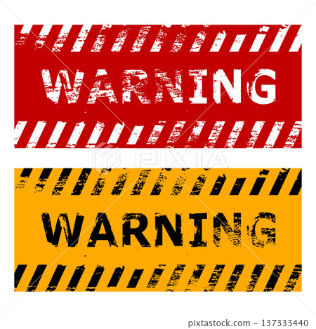 Grunge warning banners with red and yellow caution stripes, industrial safety signs and distressed texture. Grunge warning banners with red and yellow caution stripes, industrial safety signs and distressed texture. 137333440