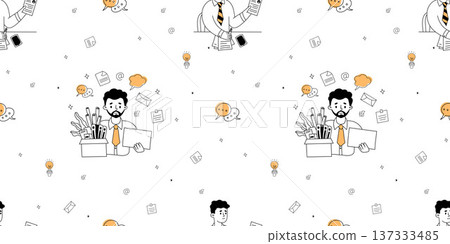 Firing and New Job Seamless Pattern. Bearded Man Holding Box on White Background with Office Icons. Human Resources and Career Change. Outline Doodle. Vector Horizontal Illustration Firing and New Job Seamless Pattern. Bearded Man Holding Box on White Background with Office Icons. Human Resources and Career Change. Outline Doodle. Vector Horizontal Illustration 137333485