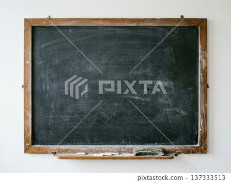 Vintage wooden framed chalkboard with dusty surface, complete with chalk and eraser, ready for lessons. 137333513