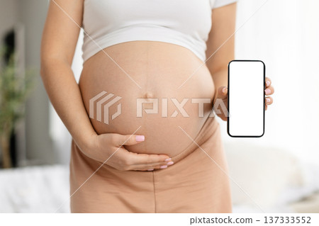Pregnant young woman holding smartphone with blank screen near belly at home 137333552