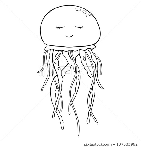 Vector cute Jelly Fish. Sketch of Undersea cartoon medusa. Underwater animal outline painted in black and white. Coloring. Hand drawn illustration for kids things Vector cute Jelly Fish. Sketch of Undersea cartoon medusa. Underwater animal outline painted in black and white. Coloring. Hand drawn illustration for kids things 137333962