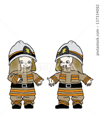 一名兒童身穿消防員制服體驗消防員工作，全身照，笑容燦爛（透明背景）。 137334092