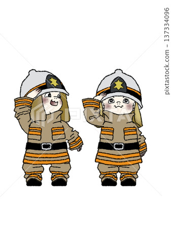 A full-body illustration of a child happily saluting in a uniform during a firefighter job experience (transparent background) 137334096