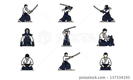 劍道技巧與手勢圖示集（共9種）| 竹劍、面具、盔甲、站姿、弓箭、武術圖示系列，透明PNG格式 137334193