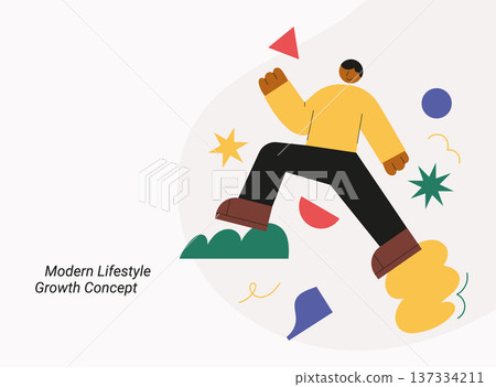 Modern lifestyle growth concept with man walking forward showing progress and positive energy. Flat design vector illustration for motivation, lifestyle and personal growth concepts. Modern lifestyle growth concept with man walking forward showing progress and positive energy. Flat design vector illustration for motivation, lifestyle and personal growth concepts. 137334211