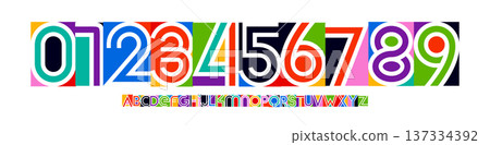 Color Numbers Letters Alphabet Font for Kid Birthday Years Logo, Corporate Anniversary Sign, Race Sport Team Jersey Numeric. Colorful Cutout Paper Typographic Design. Vector Illustration Color Numbers Letters Alphabet Font for Kid Birthday Years Logo, Corporate Anniversary Sign, Race Sport Team Jersey Numeric. Colorful Cutout Paper Typographic Design. Vector Illustration 137334392