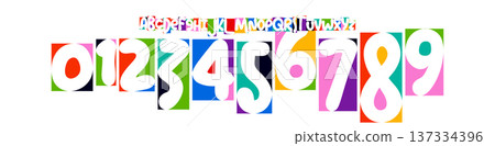 Color Numbers Letters Alphabet Font for Kid Birthday Years Logo, Corporate Anniversary Sign, Race Sport Team Jersey Numeric. Colorful Cutout Paper Typographic Design. Vector Illustration Color Numbers Letters Alphabet Font for Kid Birthday Years Logo, Corporate Anniversary Sign, Race Sport Team Jersey Numeric. Colorful Cutout Paper Typographic Design. Vector Illustration 137334396