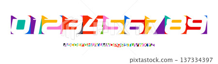 Color Numbers Letters Alphabet Font for Kid Birthday Years Logo, Corporate Anniversary Sign, Race Sport Team Jersey Numeric. Colorful Cutout Paper Typographic Design. Vector Illustration Color Numbers Letters Alphabet Font for Kid Birthday Years Logo, Corporate Anniversary Sign, Race Sport Team Jersey Numeric. Colorful Cutout Paper Typographic Design. Vector Illustration 137334397
