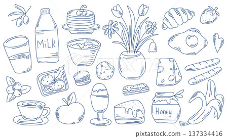 Set hand drawn whimsical breakfast themed illustrations Set hand drawn whimsical breakfast themed illustrations 137334416