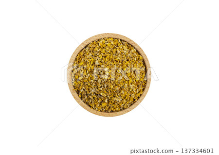 Mullein or Verbascum dried flowers in wooden bowl isolated on white background. Used in herbal medicine. Mullein or Verbascum dried flowers in wooden bowl isolated on white background. Used in herbal medicine. 137334601