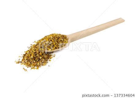 Mullein or Verbascum dried flowers on wooden spoon isolated on white background. Used in herbal medicine Mullein or Verbascum dried flowers on wooden spoon isolated on white background. Used in herbal medicine 137334604