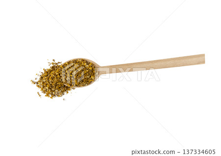 Mullein or Verbascum dried flowers on wooden spoon isolated on white background. Used in herbal medicine Mullein or Verbascum dried flowers on wooden spoon isolated on white background. Used in herbal medicine 137334605