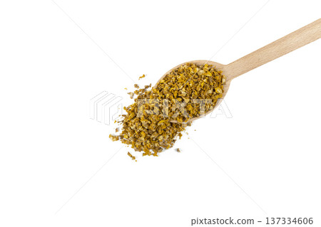 Mullein or Verbascum dried flowers on wooden spoon isolated on white background. Used in herbal medicine Mullein or Verbascum dried flowers on wooden spoon isolated on white background. Used in herbal medicine 137334606