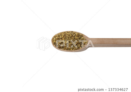 dried flowers of black lilac or black elder in latin sambuci flos on wooden spoon isolated on white background. Herbs. Alternative medicine. dried flowers of black lilac or black elder in latin sambuci flos on wooden spoon isolated on white background. Herbs. Alternative medicine. 137334627
