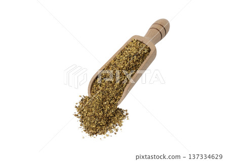 dried flowers of black lilac or black elder in latin sambuci flos in wooden scoop isolated on white background. Medicinal herb. dried flowers of black lilac or black elder in latin sambuci flos in wooden scoop isolated on white background. Medicinal herb. 137334629