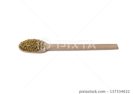 dried flowers of black lilac or black elder in latin sambuci flos on wooden spoon isolated on white background. Herbs. Alternative medicine. dried flowers of black lilac or black elder in latin sambuci flos on wooden spoon isolated on white background. Herbs. Alternative medicine. 137334632