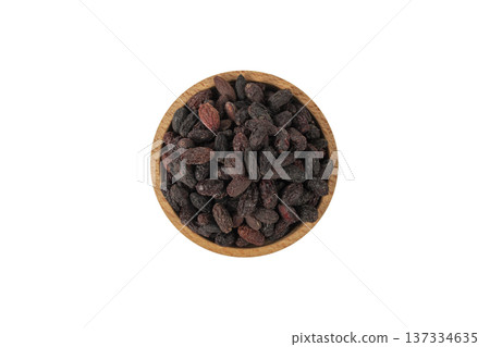 Dogwood or Cornel fruit herb used in herbal medicine in wooden bowl isolated on white background. Herbs. Alternative medicine. 137334635