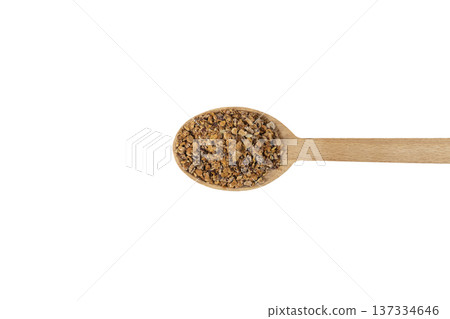 Crataegus, commonly called hawthorn, quickthorn,thornapple, May-tree, whitethorn, Mayflower or hawberry on wooden spoon isolated on white background. Crataegus, commonly called hawthorn, quickthorn,thornapple, May-tree, whitethorn, Mayflower or hawberry on wooden spoon isolated on white background. 137334646