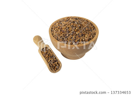 Crataegus, commonly called hawthorn, quickthorn,thornapple, May-tree, whitethorn, Mayflower or hawberry in wooden bowl and scoop isolated on white background. Crataegus, commonly called hawthorn, quickthorn,thornapple, May-tree, whitethorn, Mayflower or hawberry in wooden bowl and scoop isolated on white background. 137334653