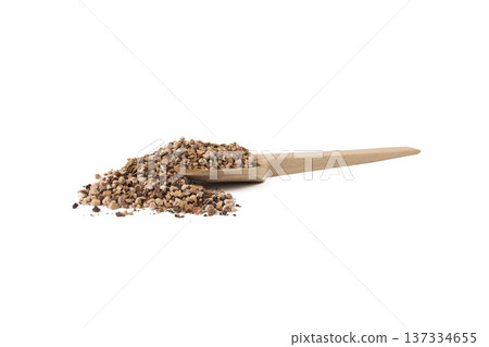 Bistorta officinalis known as bistort, common bistort, European bistort or meadow bistort on wooden spoon isolated on white background. Bistorta officinalis known as bistort, common bistort, European bistort or meadow bistort on wooden spoon isolated on white background. 137334655