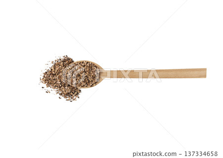Bistorta officinalis known as bistort, common bistort, European bistort or meadow bistort  on wooden spoon isolated on white background. 137334658