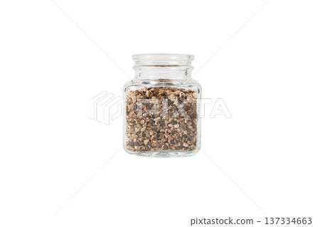 Bistorta officinalis known as bistort, common bistort, European bistort or meadow bistort in a glass jar isolated on white background. Bistorta officinalis known as bistort, common bistort, European bistort or meadow bistort in a glass jar isolated on white background. 137334663