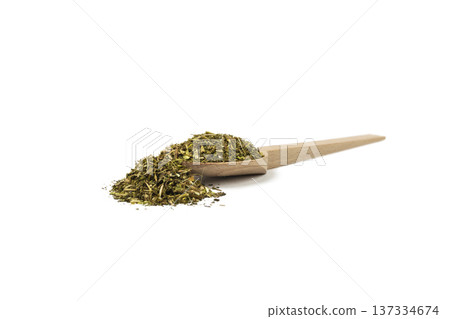 passion flower herb in latin - passiflora incarnata on wooden spoon isolated on white background. Herbs. Alternative medicine. passion flower herb in latin - passiflora incarnata on wooden spoon isolated on white background. Herbs. Alternative medicine. 137334674