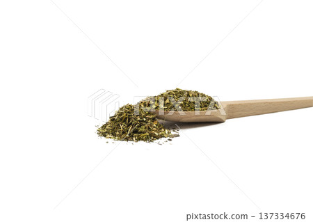passion flower herb in latin - passiflora incarnata on wooden spoon isolated on white background. Herbs. Alternative medicine. passion flower herb in latin - passiflora incarnata on wooden spoon isolated on white background. Herbs. Alternative medicine. 137334676