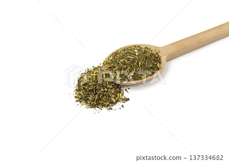 passion flower herb in latin - passiflora incarnata on wooden spoon isolated on white background. Herbs. Alternative medicine. passion flower herb in latin - passiflora incarnata on wooden spoon isolated on white background. Herbs. Alternative medicine. 137334682