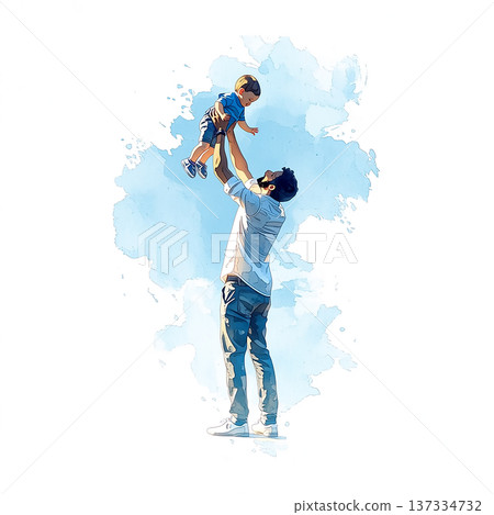 Father lifts child in sky against blue background during sunny day in open space Father lifts child in sky against blue background during sunny day in open space 137334732