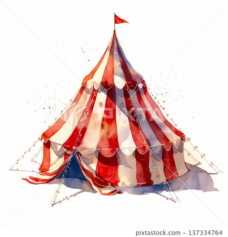Bright red and white striped tent stands in a field during a sunny day with flags waving in the breeze Bright red and white striped tent stands in a field during a sunny day with flags waving in the breeze 137334764