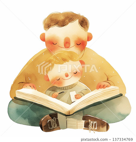 Father and son read a book together in a cozy setting during the afternoon 137334769