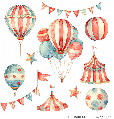 Colorful balloons and circus decorations in a festive display for a fun celebration event 137334772