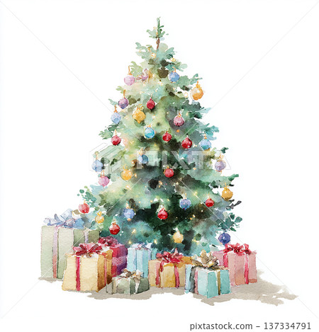 Christmas tree stands in a room with colorful ornaments and wrapped gifts around it during the holiday season Christmas tree stands in a room with colorful ornaments and wrapped gifts around it during the holiday season 137334791