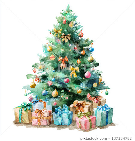 Decorated Christmas tree with colorful ornaments and wrapped gifts underneath in a cheerful holiday setting Decorated Christmas tree with colorful ornaments and wrapped gifts underneath in a cheerful holiday setting 137334792
