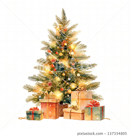 Christmas tree with wrapped gifts under the branches in a warm indoor setting during the holiday season Christmas tree with wrapped gifts under the branches in a warm indoor setting during the holiday season 137334805