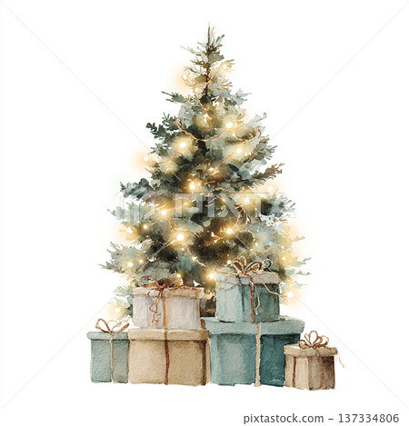 Christmas tree with lights and presents arranged around it in a simple setting during the holiday season Christmas tree with lights and presents arranged around it in a simple setting during the holiday season 137334806