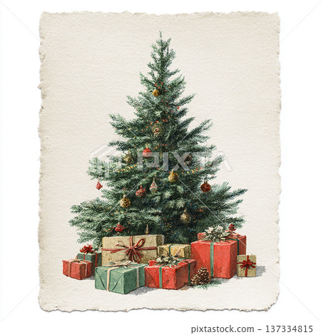 Christmas tree with wrapped gifts arranged around it in a cozy setting during the holiday season 137334815