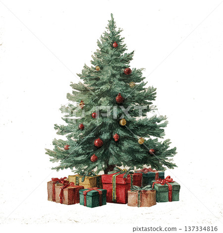 Christmas tree with gifts arranged around it in a simple setting during the holiday season Christmas tree with gifts arranged around it in a simple setting during the holiday season 137334816