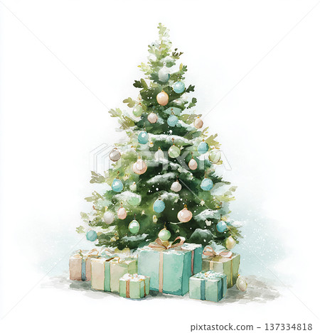 A decorated Christmas tree with gifts on the ground in a snowy scene during the holiday season A decorated Christmas tree with gifts on the ground in a snowy scene during the holiday season 137334818