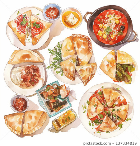 Various dishes served on a table during a festive gathering in the evening in a cozy dining setting Various dishes served on a table during a festive gathering in the evening in a cozy dining setting 137334819