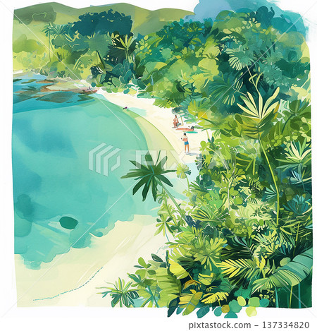 People enjoy a beach day beside clear water surrounded by tropical plants and trees in a scenic coastal area during daytime 137334820