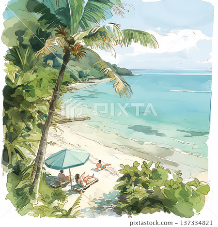 Sunny beach scene with people relaxing under an umbrella beside clear waters in a tropical setting 137334821