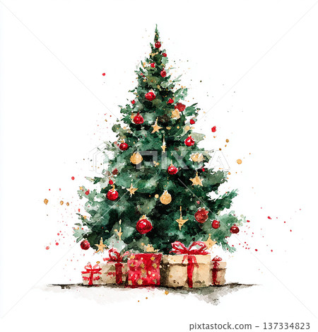 Christmas tree with decorations and gifts in a festive setting during the holiday season Christmas tree with decorations and gifts in a festive setting during the holiday season 137334823