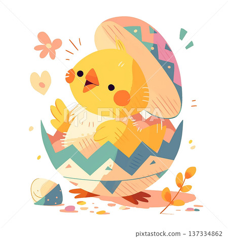 Chick hatches from decorated egg during spring celebration in a bright and colorful design with flowers and hearts Chick hatches from decorated egg during spring celebration in a bright and colorful design with flowers and hearts 137334862