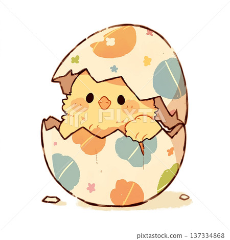 Chick hatching from a colorful egg in a simple cartoon style during springtime 137334868