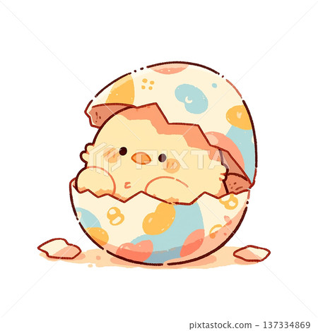 Cute chick hatching from an egg with colorful spots at a cartoon style art scene showing the beginning of its life Cute chick hatching from an egg with colorful spots at a cartoon style art scene showing the beginning of its life 137334869
