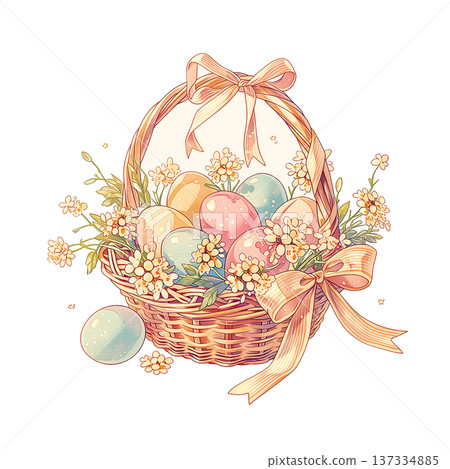 Colorful eggs in a basket with flowers for spring celebration on a sunny day Colorful eggs in a basket with flowers for spring celebration on a sunny day 137334885